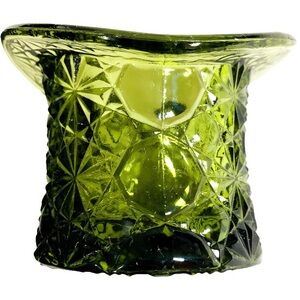 Fenton Green Glass Top Hat Tea Light Vase Toothpicks Daisy & Button Pattern